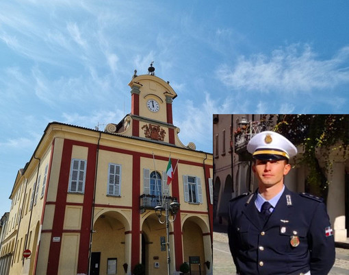 Il municipio di Vigone e il nuovo ufficiale Andrea Artino nel riquadro