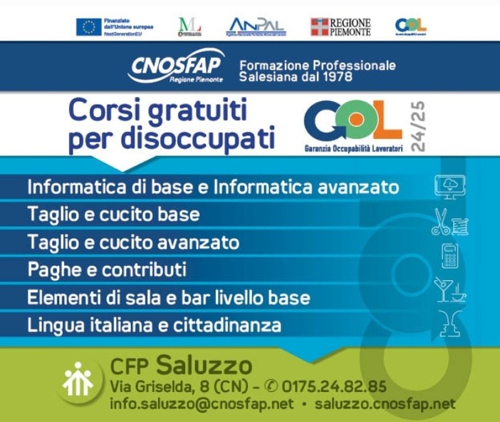 Sono aperte le iscrizioni ai corsi di qualifica, riqualifica ed aggiornamento per adulti disoccupati al Cnos Fap  di Saluzzo